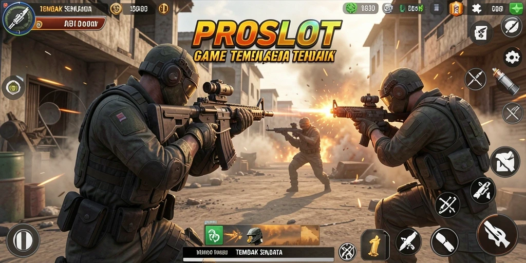 Screenshot utama PROSLOT dengan antarmuka dan pertarungan Tembak Senjata yang mendebarkan.
