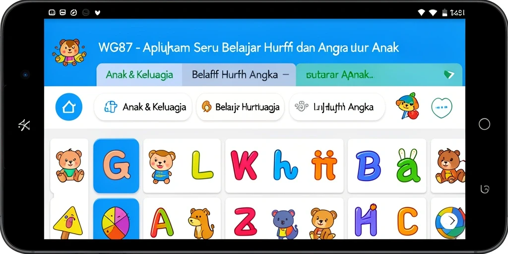 Antarmuka aplikasi WG87 untuk belajar huruf dan angka.